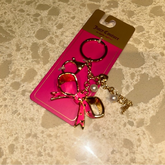 Juicy Couture Bow Bag Charm Gold & Pink Bling Accessory Keychain - Picture 1 of 5